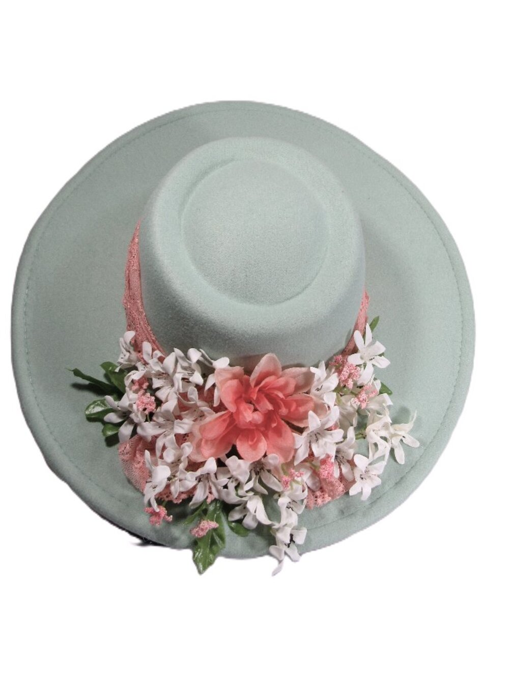 PRETTY FEMININE FUN ENGLISH LADY HAT, WOOL-LIKE FELT 7.5 ADJ TO SMALLER MINT BLU